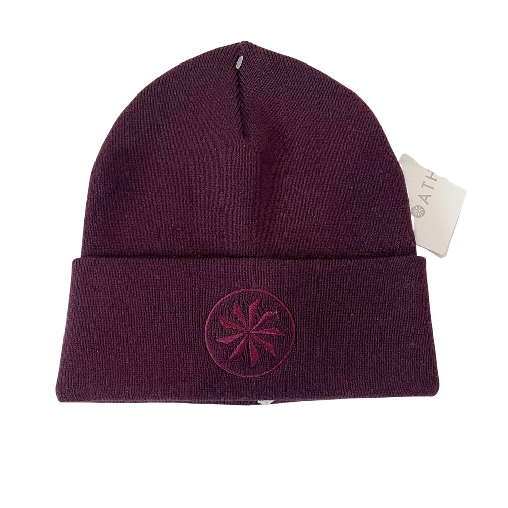 NEW Athleta Head Start Beanie Plum Purple Knit Cuffed Logo Hat One Size NWT